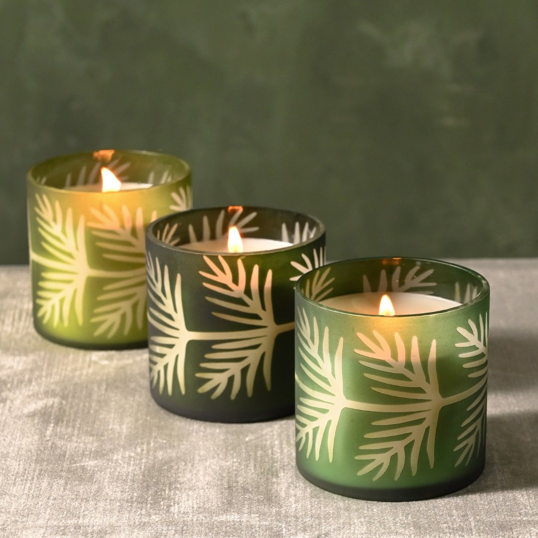 Sequoia Spruce Pine Glass Green Etched Holiday Candle Under $30